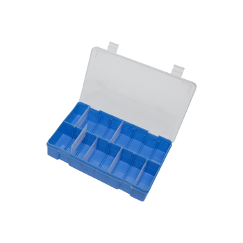 Blue Base, Clear Hinged Lid Box, adjustable partitions 8 max. Blue Base, Clear Hinged Lid Box, adjustable partitions 8 max.