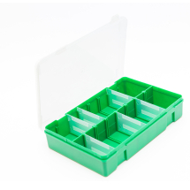 Green  Base, Clear Hinged Lid Box, adjustable partitions 8 max.