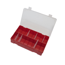 Red Base, Clear Hinged Lid Box, adjustable partitions 8 max.