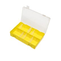 Yellow Base, Clear Hinged Lid Box, adjustable partitions 8 max.