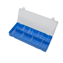 Blue Base, Clear Hinged Lid Box, adjustable partitions 12 max.