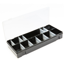 Black Base, Clear Hinged Lid Box, adjustable partitions 12 max.