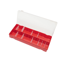 Red Base, Clear Hinged Lid Box, adjustable partitions 12 max.